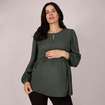 Motherhood Maternity Women’s Long Sleeve Empire Waist Keyhole Woven Pregnancy Blouse, Deep Depths, Small
