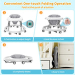 Baby Walker with Wheels, One-Touch Folding Portable Baby Walkers with Height Adjustment, Large Dinner Plate and Brake, Walker for Baby Boy Girls 6-18 Months, Gray
