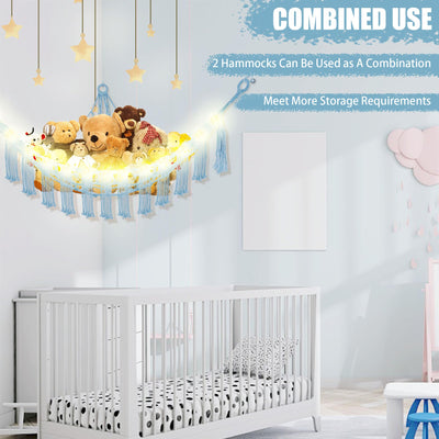 CERETIA Stuffed Animal Hammock with LED Light, Toy Hammock for Stuffed Animals Storage for Kids Room Decor, Stuffed Animal Hammock Corner, Baby Blue