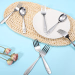 Stainless steel cutlery set on a woven placemat with a light blue background