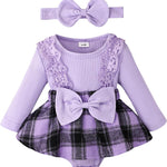 Baby Girl Clothes Fall Winter Outfit Plaid Romper Long Sleeve Dress Lace Ruffles Bodysuit with Bow Headband