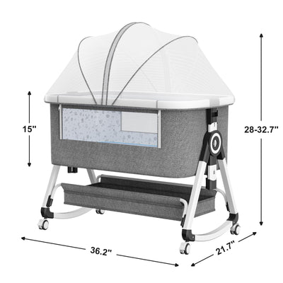 3 in 1 Baby Bassinet,Bedside Sleeper with Storage Basket and Wheels,Portable Baby Crib with Mosquito Net, 6 Adjustable Height & Breathable Mesh,Easy to Fold (White&Grey)