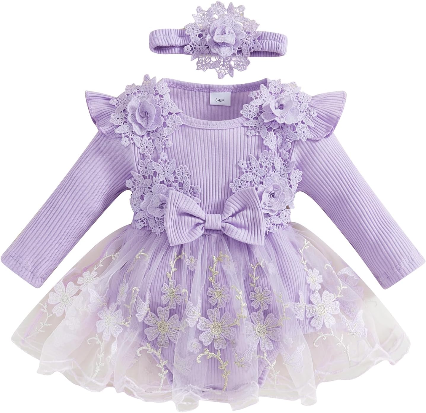 Baby Girl Romper Dress Baby Dress Romper Lace Flowers Infant Fall Winter Festival Clothes with Headband