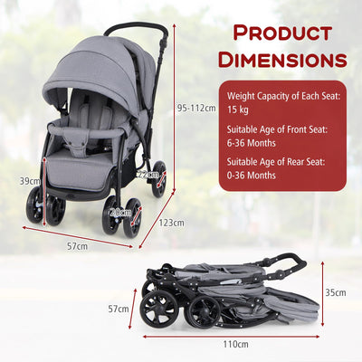 HONEY JOY Double Stroller, Foldable Lightweight Infant Twin with Tandem Seating, 5-Point Harness, Recline Seat, Storage Basket, Compact Baby Double Stroller Newborn and Toddler (Gray)