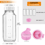 Sovietiep 4 Pack 16 Oz Square Glass Milk Bottle with A Silicone Dispenser Cap, Glass Juice Bottles with Airtight Screw Lid, Reusable Drinking Bottles with Capacity Marks, Breastmilk Storage Container