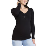 Motherhood Maternity Women's Long Sleeve V-Neck Side Ruched Henley Pregnancy Tee Shirt, Black, Small