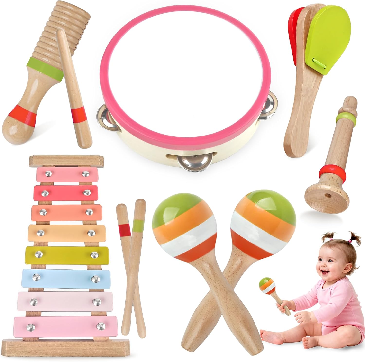 Toddlers Musical Instruments for 1 2 3 Year Old Girls,Baby Montessori Wooden Musical Toys for Toddlers 1-3 Year Old,Kids Musical Toy for Preschool,Christmas Birthday Gift for Baby Girls (Pink 8 in 1)