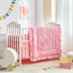 Tufted Ruffle Crib Bedding Set 3 Pieces Baby Boho Quilted Comforter with Fitted Sheet and Bed Skirt - Cute Ruffled Shabby Chic Baby Bedding Soft Blanket Design Pink
