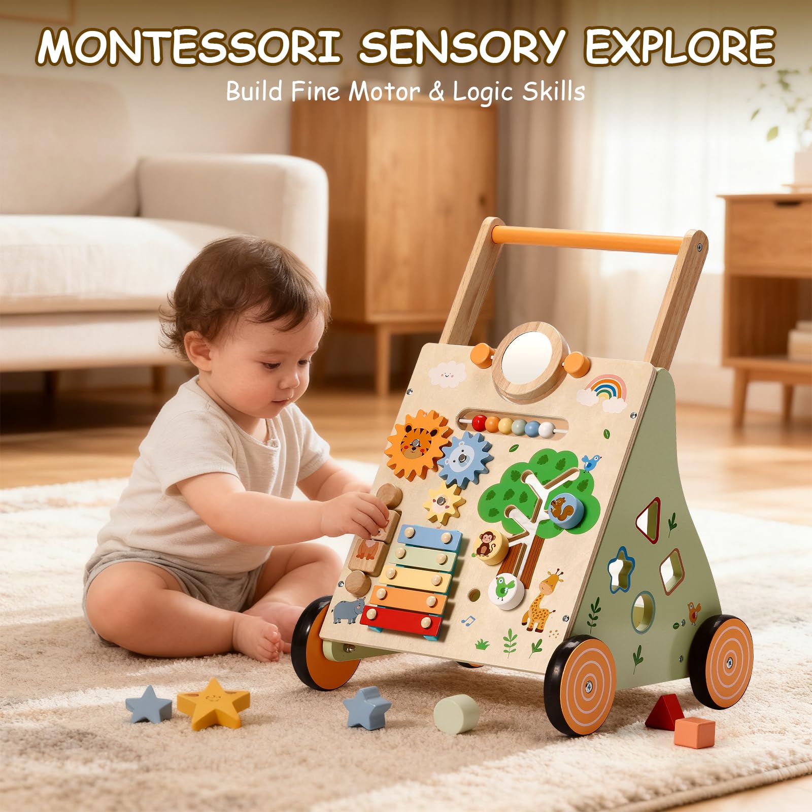 SainSmart Jr. Wooden Baby Walker, Adjustable Height and Speed Baby Push Walker, Montessori Activity Center for 6-12 Months, Push Walking Toys for 1 Year Old Boys Girls Learning to Walk, Animal Theme