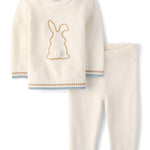 Gymboree,Unisex Baby,and Newborn Long Sleeve Sweater and Pants 2-Piece Outfit Set,Ivory Bunny,3 Months,6 Months