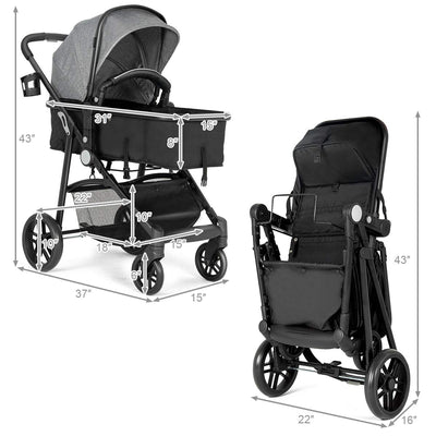BABY JOY Baby Stroller, 2 in 1 Convertible Carriage Bassinet to Stroller, Pushchair with Foot Cover, Cup Holder, Large Storage Space, Wheels Suspension, 5-Point Harness (Gray)