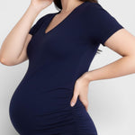 Motherhood Maternity Women's V-Neck Short Sleeve Side Ruched Bodycon Mini Pregnancy Dress, Peacoat, Small