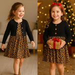PATPAT Toddler to Big Kid Cotton Dress with Matching Cardigan – Ideal for Seasonal Wear, Black Leopard, 5-6 Years
