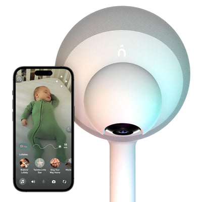 Smart baby monitor with a phone displaying a baby and control interface.