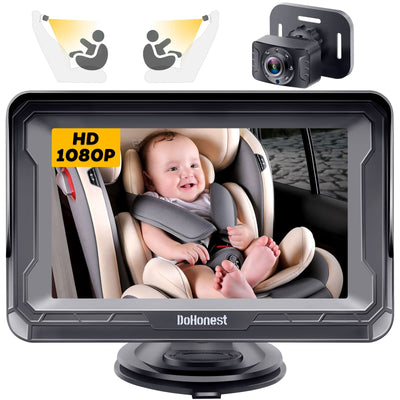 Baby monitor with screen displaying a baby in a car seat, accompanied by a camera and two seat position indicators.