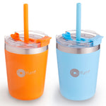 Orange and blue tumblers with straws on a white background