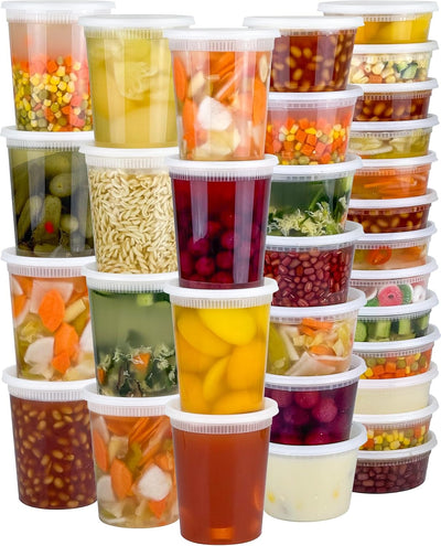 Stack of various food containers with different types of food inside