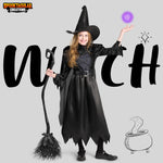 Spooktacular Creations Girls Black Witch Costume, Kids Halloween Outfit Set with Broom, Toddler Witch Dress for Halloween Role Play Themed Parties, S