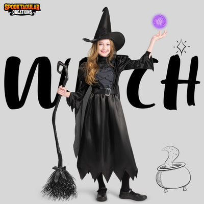 Spooktacular Creations Girls Black Witch Costume, Kids Halloween Outfit Set with Broom, Toddler Witch Dress for Halloween Role Play Themed Parties, S