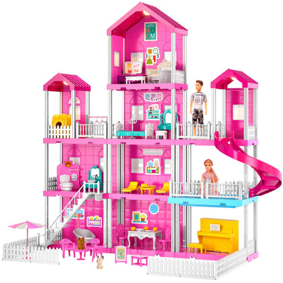 TEMI Villa Toy for 3 4 5 6 Year Old Girls - 4 Storeys 10 Rooms Villa Playset with 2 Doll Toy Figures, Accessories and Furniture, Toddler Home Pretend Kits Gifts for Kids Ages 3 Toys