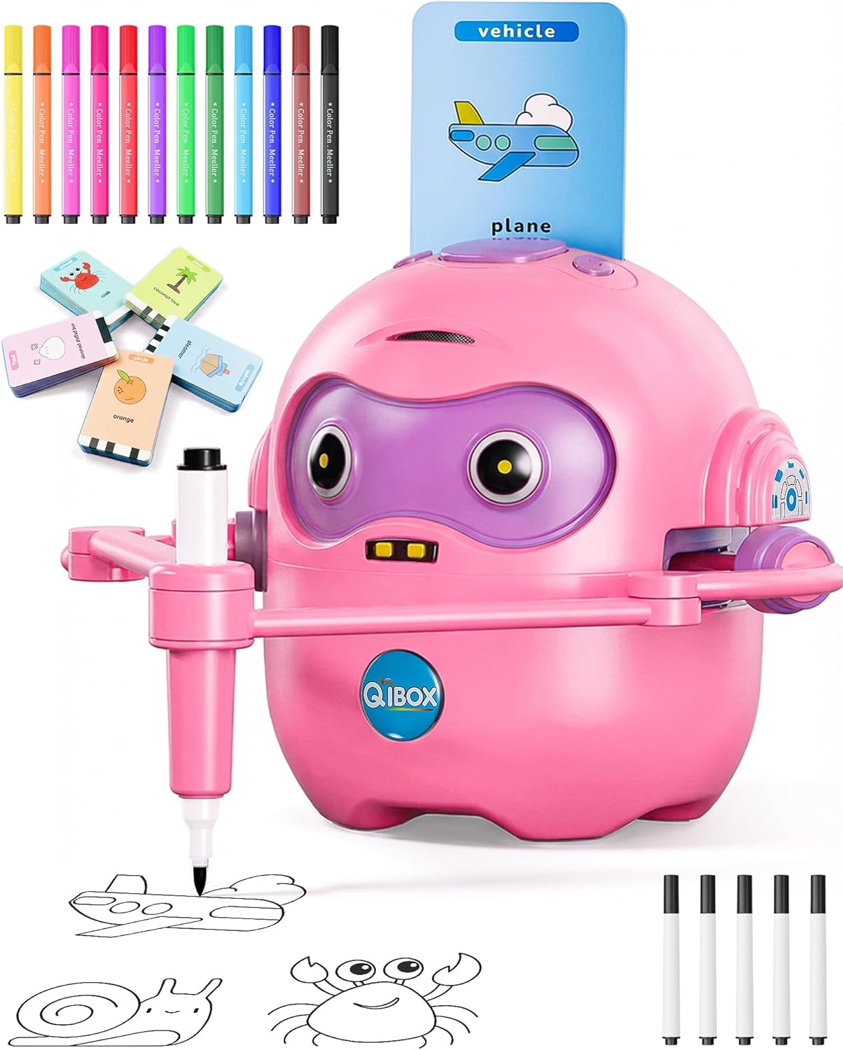 QIBOX Drawing Robot for Kids, 4-in-1 Draw/Learn/Spell/Music Interactive Educational Robot Drawing Machine with 100 Cards & 12 Color Pens,Learning Toys for 3 4 5 6 7 8 Year Old Boys Girls Birthday Xmas