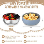 Yinder 15 Pack 304 Stainless Steel Baby Feeding Set Baby LED Weaning Supplies Kids Bowls with Removable Silicone Shell Spoons Forks Silicone Pocket Bibs Cup for Toddler Food Feeding Dishwasher Safe
