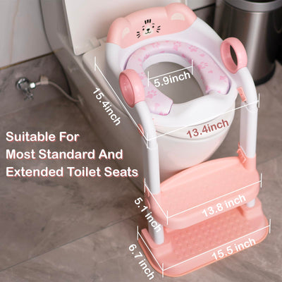 Potty Training Seat, Cute Tiger Design Elements, Foldable Toilet Seat with Soft Cushion, Suitable for Both Boys and Girls, with Splash Guard Anti-Slip Pad Step Stool(Pink)