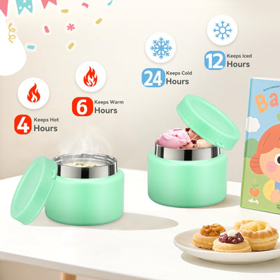 Aimsnk Magical Dinosaur Kids Lunch Box Set -12oz Insulated Food Jar, Leakproof Lunch Food Containers Cutlery, Leak-Proof Sauce Cup & Spoon, Gradient Green+Jar Green