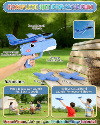 Cute Dinosaur Airplane Launcher Toy,Foam Airplane Launcher Toy,Dinosaur Catapult Gun Aircraft,7.6'' Foam Glider Plane - Outdoor Flying Catapult Toy - Fun Birthday Gifts(Blue)