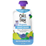 Once Upon a Farm organic smart blend pouch with pear, blueberry, and spinach on a white background