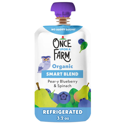 Once Upon a Farm organic smart blend pouch with pear, blueberry, and spinach on a white background