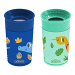 Two Dr. Brown's cups, one blue with a crocodile design and one green with a snake design, on a white background.