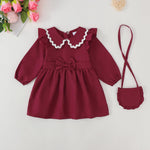 2T 3T Girl Clothes Toddler Girl Peter-Pan Collar Dress Kids Clothes Long Sleeve Ruffle Red Dress Fall Winter Baby Outfit with Cute Crossbody Bag