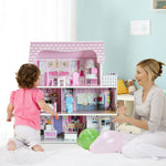 Costzon Wooden Dollhouse for Kids, 3-Story Semi-Open Doll House with 5 Rooms & 8 Pieces Furniture Accessories, Balcony, Preschool DIY Pretend Play Dollhouse Toy, Gift for Girls & Boys Ages 3+