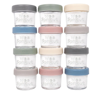 Set of 'Wee Sprout' containers with various color lids on a white background
