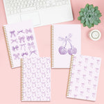 CNhoqc Purple Spiral Journal Notebook - 4 Pcs A5 Purple Watercolor Coquette Bow Cherry Lined Pages Hardcover Spiral Bound Journal Subject Notebook Work School Note Taking Women Men Removable Dividers