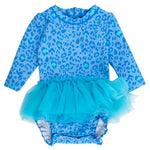 RuffleButts Baby Girls UPF 50+ Sun Protection Tulle Skirted Long Sleeve One Piece Rash Guard Swimsuit - Mermaid Princess, 12-18m