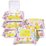 Multiple packs of children's wipes with colorful designs on a white background