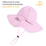 Baby Girl Sun Hat with UPF 50+ Outdoor Adjustable Beach Hat with Wide Brim Bucket Hats (12-24 Months, Pink-Stripe Printing)