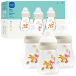 Set of baby bottles with animal illustrations on a white background, featuring the MAM brand.