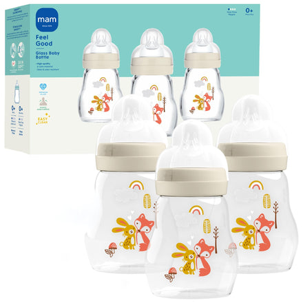 Set of baby bottles with animal illustrations on a white background, featuring the MAM brand.