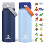 GoKEDA 18oz Kids Water Bottle, 2 Pack Insulated Bottles with Stickers, 18/8 Stainless Steel Vacuum Leak Proof Straw Cup for School, Gifts for Boys(Light Blue, Dark Blue)