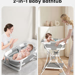 BALLA BALEIN Baby Bathtub with Stand, 2-in-1 Collapsible Bath Tubs for Newborn to Toddler, Infant Bathtub with Folding Stand, Portable Bathtub for Baby Including Soft Cushion, Storage Pad