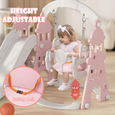 5-in-1 Toddler Swing Set for Age 1-3, Toddler Playground, Indoor Baby Swing Set with Slide, Climber, Basketball Hoop, Football Frame and Swing (Pink)