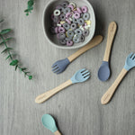 Ginbear Silicone Baby Spoons and Forks Self-feeding 12-18 Months, Soft-Tip Baby Flatware Sets, Toddler Feeding Utensils for Child, 4 Piece Set (Hazy Green/Almond)