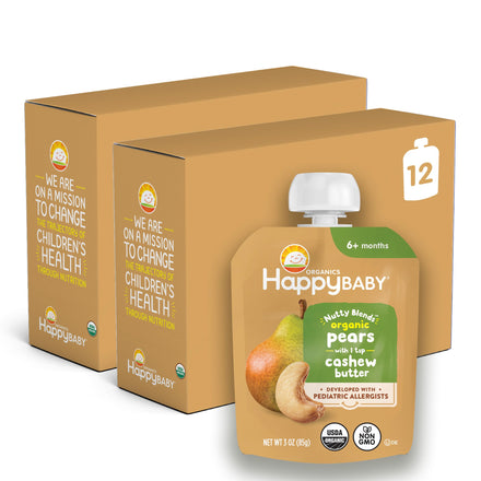 Happy Baby organic baby food pouch with packaging on a white background