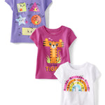 The Children's Place Baby Toddler Girls 3-Pack Short Sleeve Graphic T-Shirt, Tiger/Iguana/Shark