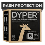 DYPER - Charcoal Enhanced Day & Overnight Disposable Baby Diapers - Made with Plant-Based* & Skin-Friendly Ingredients, Hypoallergenic for Sensitive Skin - Size 5, (36 Count)