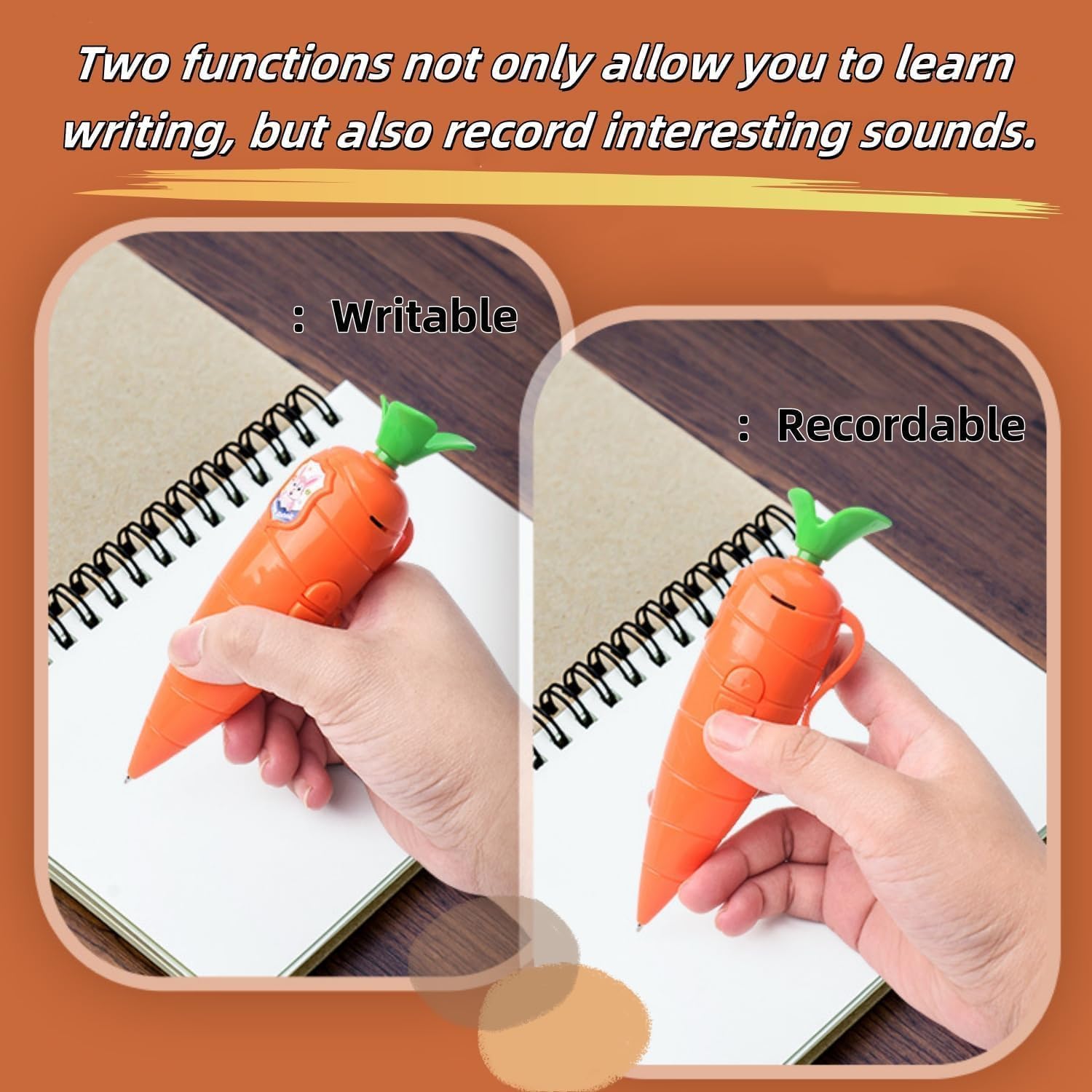 Kids Carrot Recorder Toy Ballpoint Pen Writing Tool with 20s Playback Feature for Children Learning