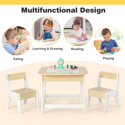 Costzon Kids Table and Chair Set, 3-in-1 Wooden Activity Table with Removable Tabletop, Blackboard & Whiteboard, Storage Space for Arts Crafts Nursery Preschool, Toddler Table and Chairs (Natural)